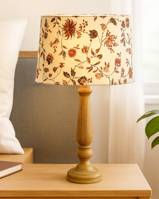 Mable Rustic Wood Table Lamp, Industrial Bedside Living Room Light, Khadi Drum Shade