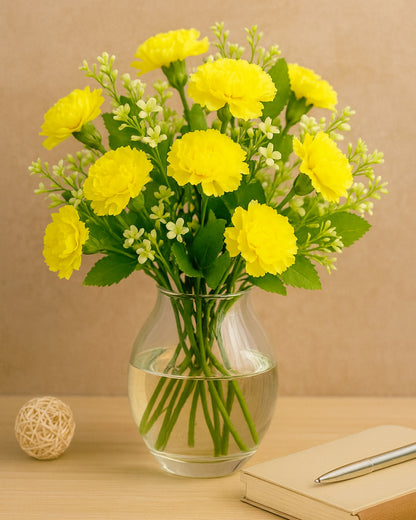 Homesake® Artificial Carnation Flowers with Greenery, Faux Floral Bouquet for Home Decor, Table Centerpiece, Living Room, or Gift, Pot Not Included, Realistic Silk Flowers Arrangement, Yellow