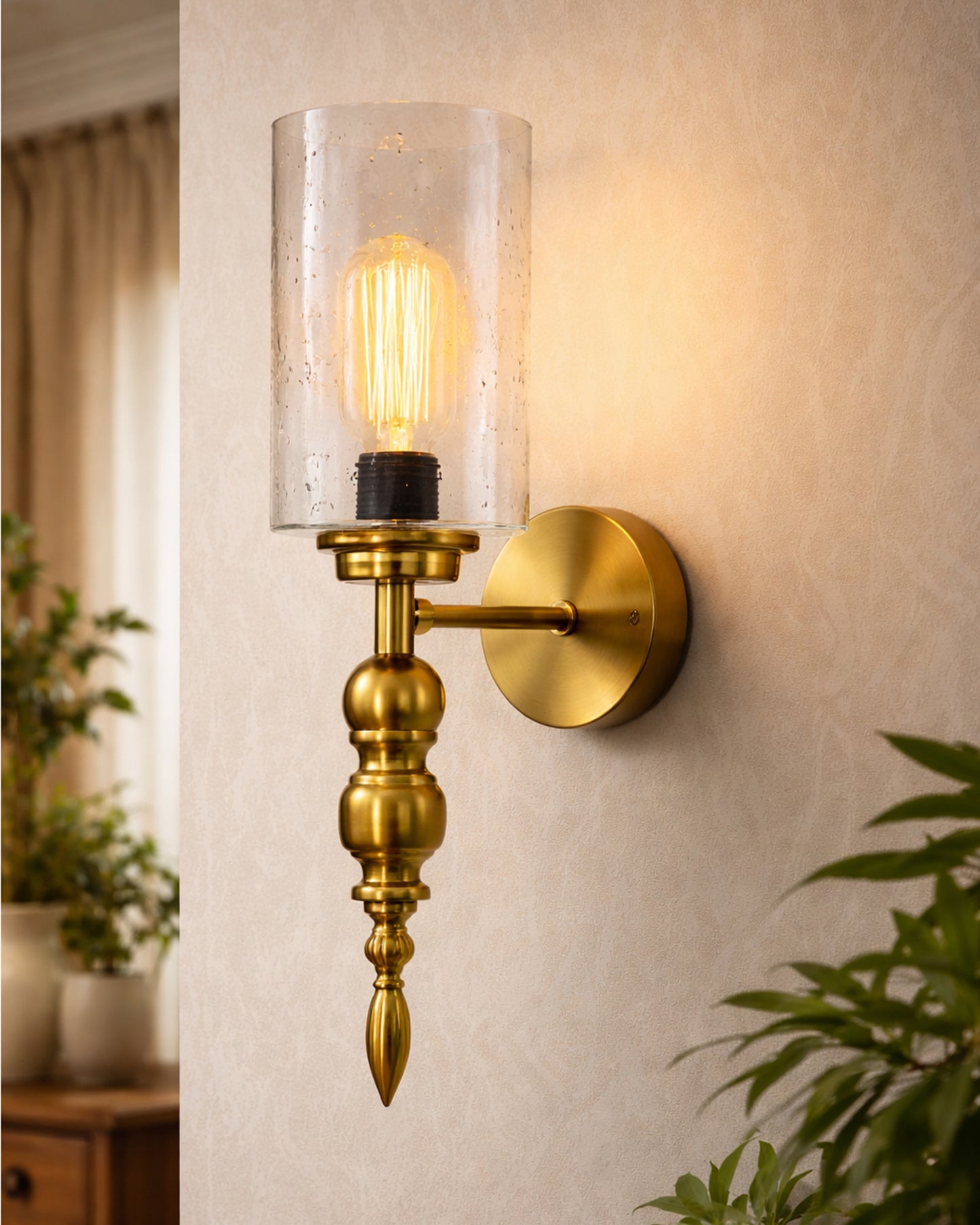 Mid-Century Modern Metal and Glass Wall Light, Brushed Gold, Lamp Fixture for Bedroom Vanity Bathroom Hotel,  Spherical Torch, Bubble Glass