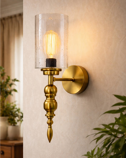 Mid-Century Modern Metal and Glass Wall Light, Brushed Gold, Lamp Fixture for Bedroom Vanity Bathroom Hotel,  Spherical Torch, Bubble Glass