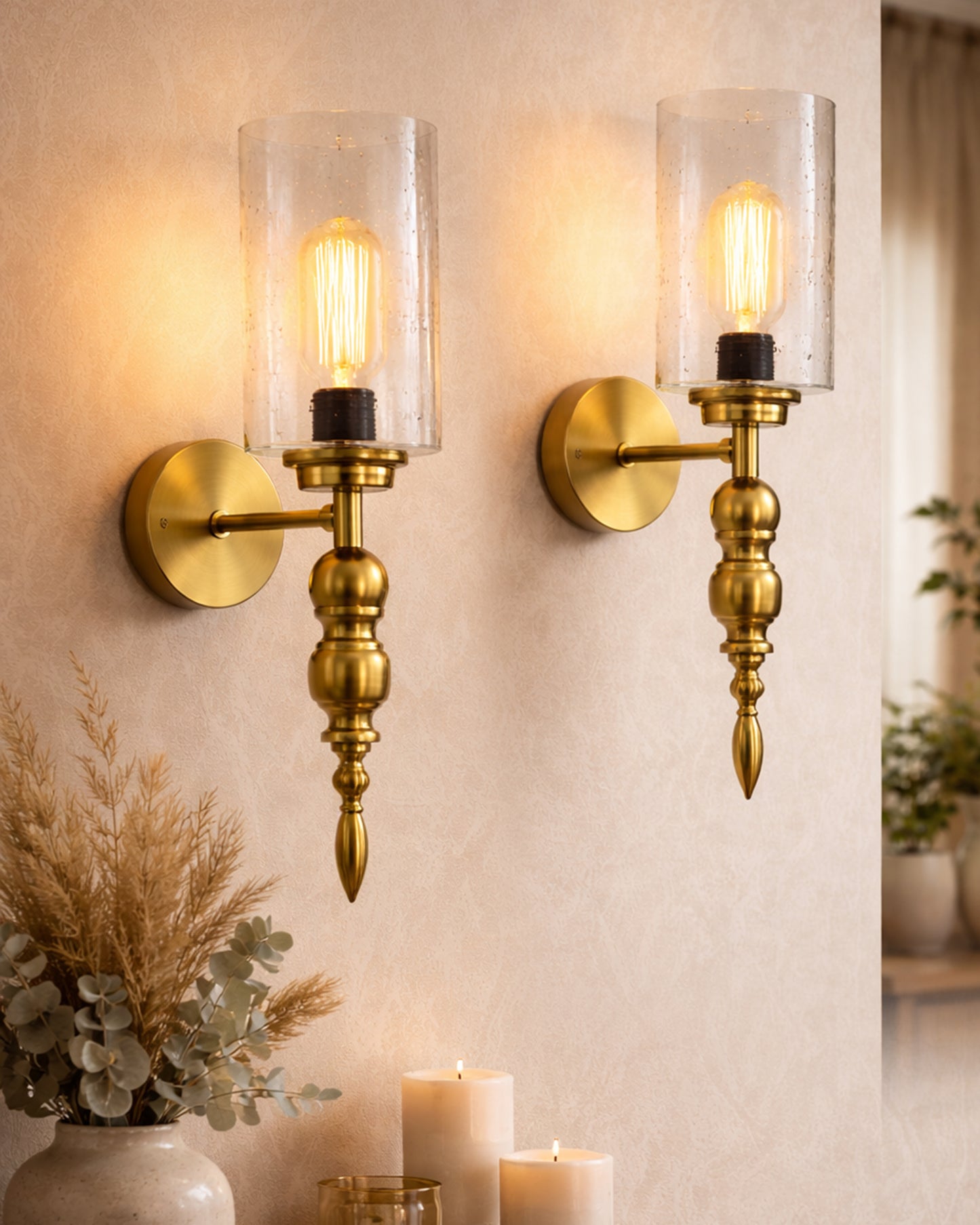 Mid-Century Modern Metal and Glass Wall Light, Brushed Gold, Lamp Fixture for Bedroom Vanity Bathroom Hotel,  Spherical Torch, Bubble Glass