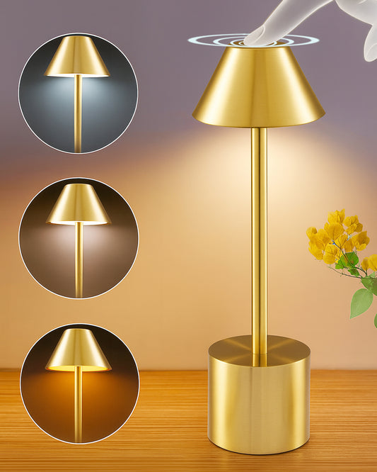 Table Lamp Portable Lamps for Bedroom, Night Lamp, Table Lamp for Bedroom & Living Room, Bedside Lamp, Dimming, 3 Colour Touch Control, Wireless Charging, Metal Cone, Gold