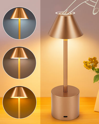 Table Lamp Portable Lamps for Bedroom, Night Lamp, Table Lamp for Bedroom & Living Room, Bedside Lamp, Dimming, 3 Colour Touch Control, Wireless Charging, Metal Cone, Gold