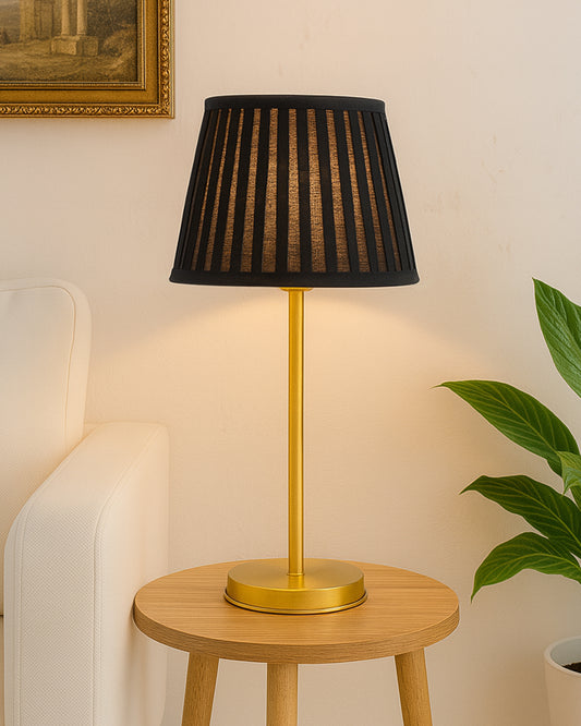 Gold Table Lamp for Living Room & Bedroom | Modern Metal Bedside Lamp | Elegant Nightstand Light for Home Décor | Stylish Study & Office Desk Lamp, Black Frill Drum