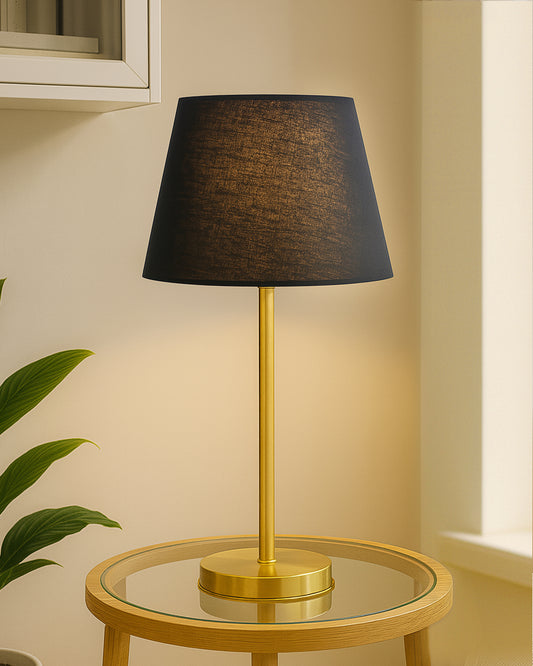 Gold Table Lamp for Living Room & Bedroom | Modern Metal Bedside Lamp | Elegant Nightstand Light for Home Décor | Stylish Study & Office Desk Lamp, Black Taper Drum