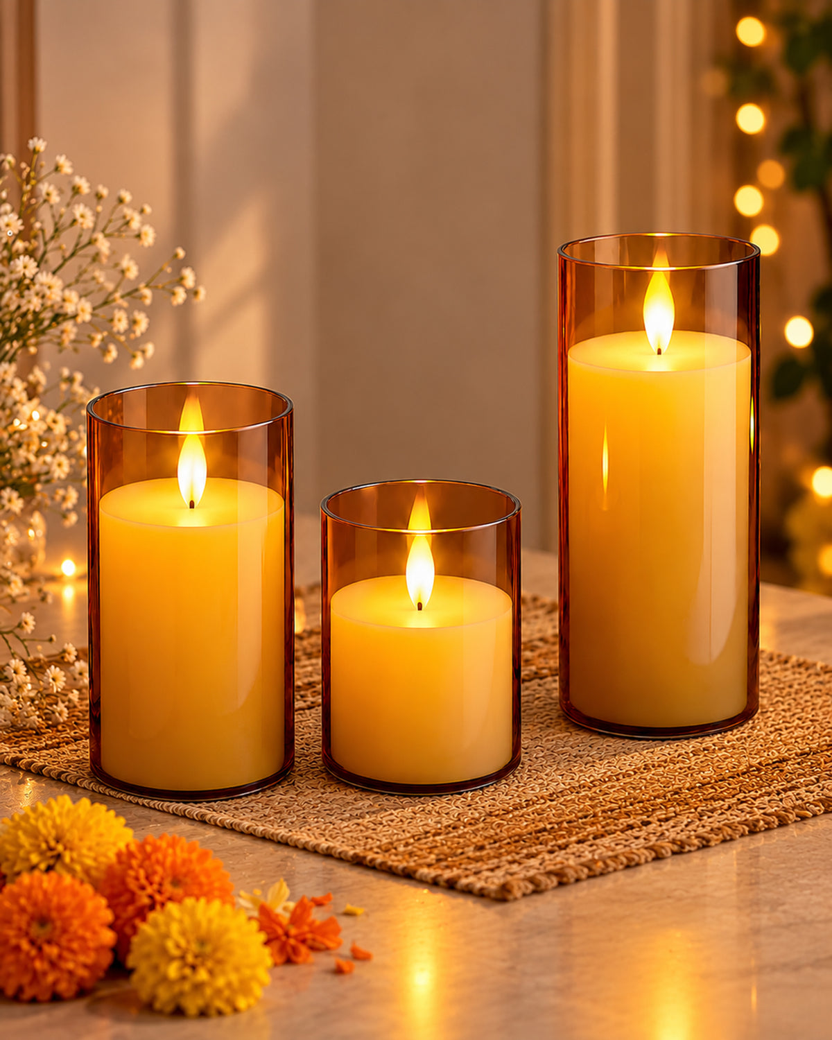 3 Pcs LED Tea Light Candles | Flameless, Smokeless, Unscented | for Home Decor, Diwali, Room Decoration Lights, Balcony & Festival & Gift