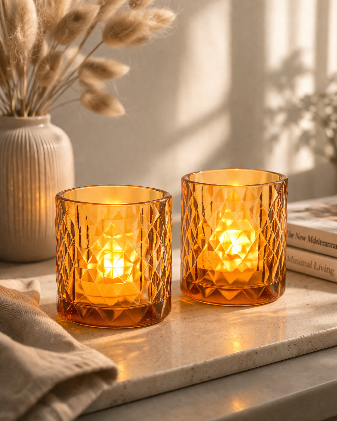 Acrylic Tealight Candle Holder – Diamond Cut Votive for Home Decoration, Diwali, Wedding & Festive Lighting – Decorative Table Centerpiece, Amber, set of 2