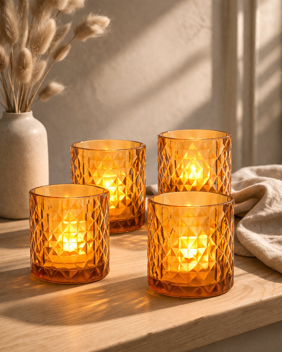 Acrylic Tealight Candle Holder – Diamond Cut Votive for Home Decoration, Diwali, Wedding & Festive Lighting – Decorative Table Centerpiece, Amber, set of 2