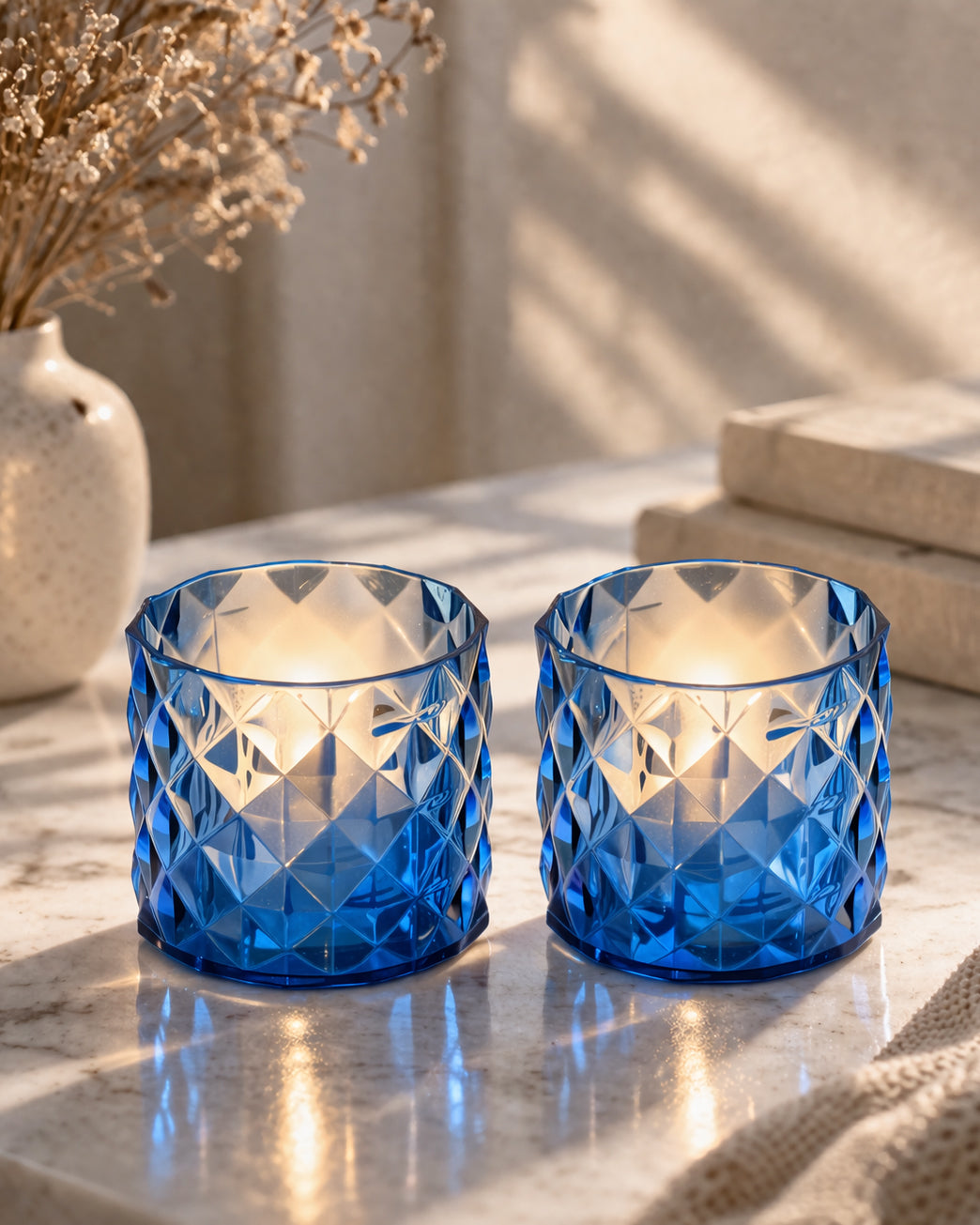 Acrylic Tealight Candle Holder – Diamond Cut Votive for Home Decoration, Diwali, Wedding & Festive Lighting – Decorative Table Centerpiece, Amber, set of 2
