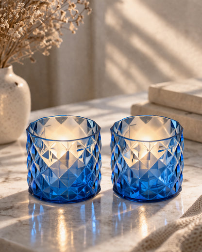 Acrylic Tealight Candle Holder – Diamond Cut Votive for Home Decoration, Diwali, Wedding & Festive Lighting – Decorative Table Centerpiece, Amber, set of 2