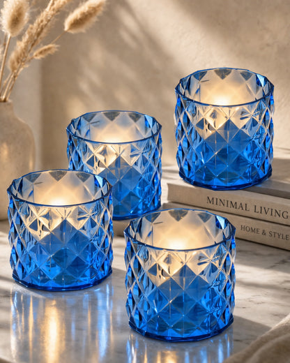 Acrylic Tealight Candle Holder – Diamond Cut Votive for Home Decoration, Diwali, Wedding & Festive Lighting – Decorative Table Centerpiece, Amber, set of 2