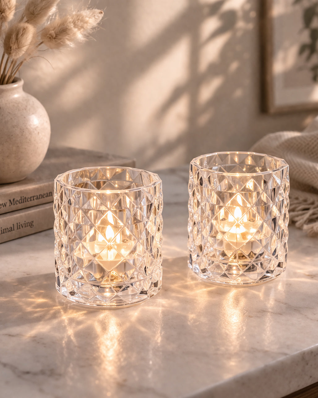 Acrylic Tealight Candle Holder – Diamond Cut Votive for Home Decoration, Diwali, Wedding & Festive Lighting – Decorative Table Centerpiece, Amber, set of 2