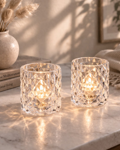 Acrylic Tealight Candle Holder – Diamond Cut Votive for Home Decoration, Diwali, Wedding & Festive Lighting – Decorative Table Centerpiece, Amber, set of 2