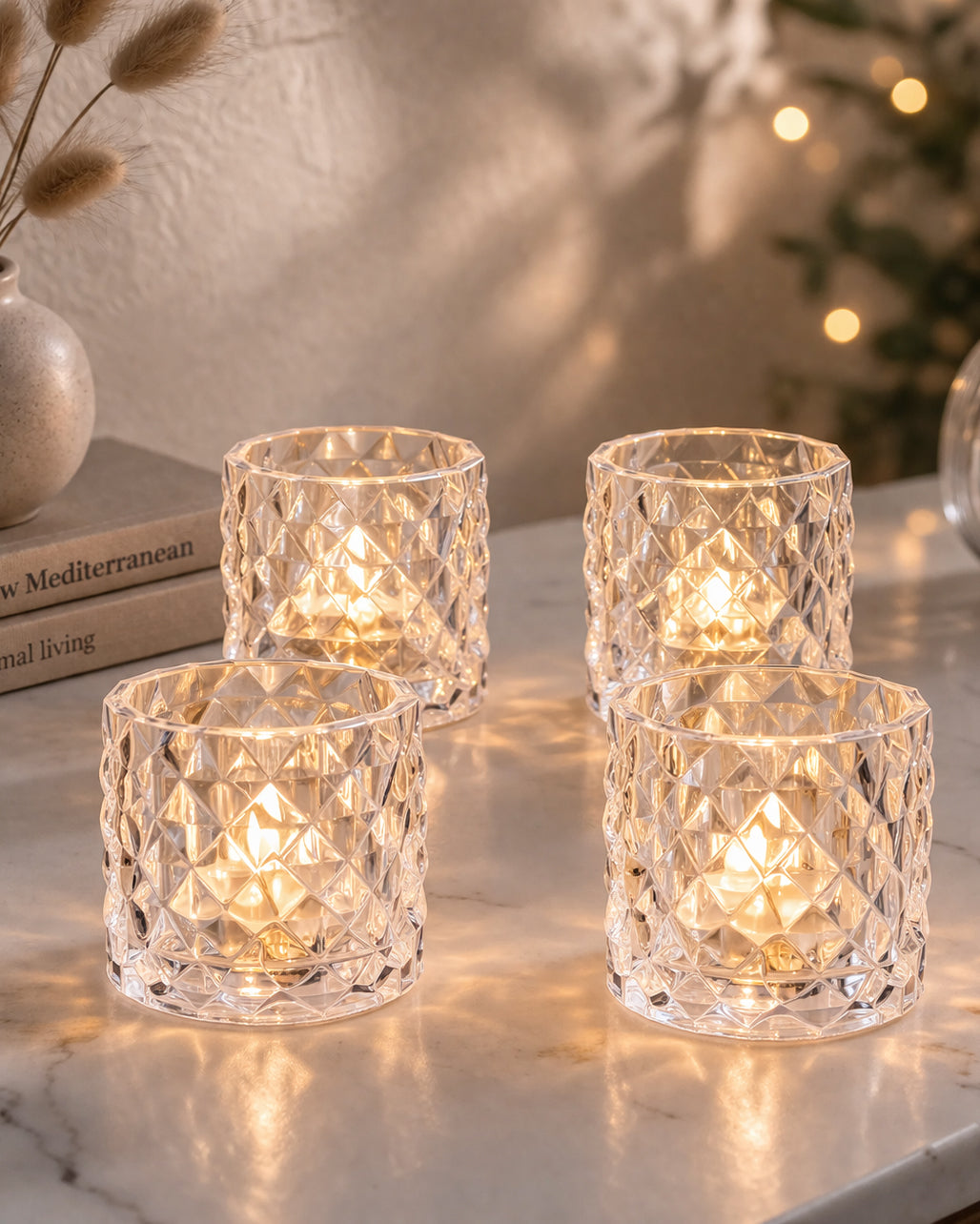 Acrylic Tealight Candle Holder – Diamond Cut Votive for Home Decoration, Diwali, Wedding & Festive Lighting – Decorative Table Centerpiece, Amber, set of 2