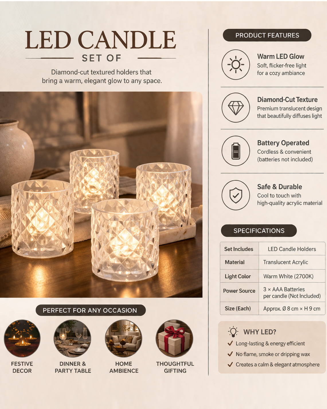 Acrylic Tealight Candle Holder – Diamond Cut Votive for Home Decoration, Diwali, Wedding & Festive Lighting – Decorative Table Centerpiece, Amber, set of 2