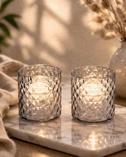 Acrylic Tealight Candle Holder – Diamond Cut Votive for Home Decoration, Diwali, Wedding & Festive Lighting – Decorative Table Centerpiece, Amber, set of 2