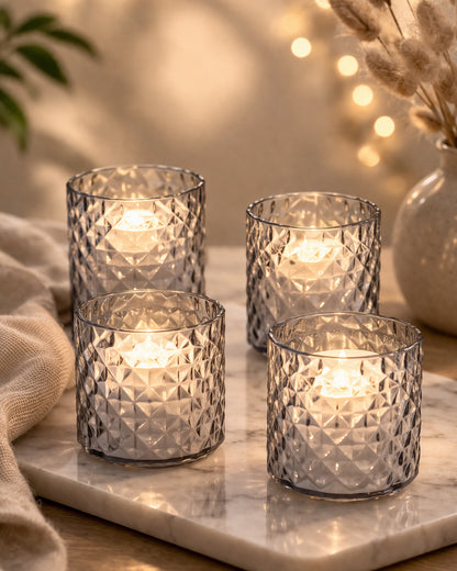 Acrylic Tealight Candle Holder – Diamond Cut Votive for Home Decoration, Diwali, Wedding & Festive Lighting – Decorative Table Centerpiece, Amber, set of 2