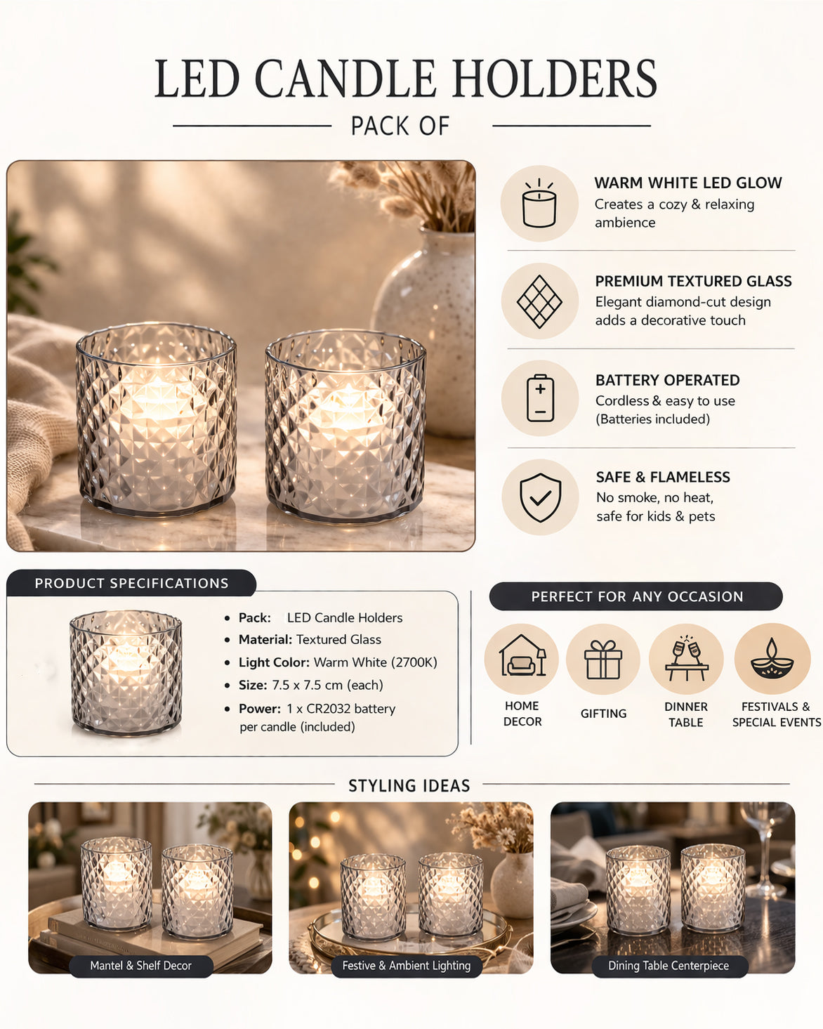 Acrylic Tealight Candle Holder – Diamond Cut Votive for Home Decoration, Diwali, Wedding & Festive Lighting – Decorative Table Centerpiece, Amber, set of 2