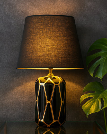 Modern Ceramic Base Bedside Table Lamp, Table Lamps for Home Decoration and Bedroom Decor with On/Off Button, Night Lamp with Cotton Fabric Shade, Black Gold Hive, Khadi