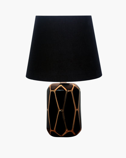 Modern Ceramic Base Bedside Table Lamp, Table Lamps for Home Decoration and Bedroom Decor with On/Off Button, Night Lamp with Cotton Fabric Shade, Black Gold Hive, Khadi