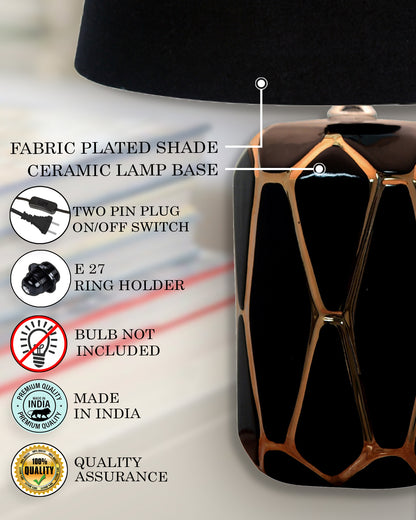 Modern Ceramic Base Bedside Table Lamp, Table Lamps for Home Decoration and Bedroom Decor with On/Off Button, Night Lamp with Cotton Fabric Shade, Black Gold Hive, Khadi