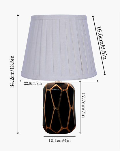 Modern Ceramic Base Bedside Table Lamp, Table Lamps for Home Decoration and Bedroom Decor with On/Off Button, Night Lamp with Cotton Fabric Shade, Black Gold Hive, Khadi
