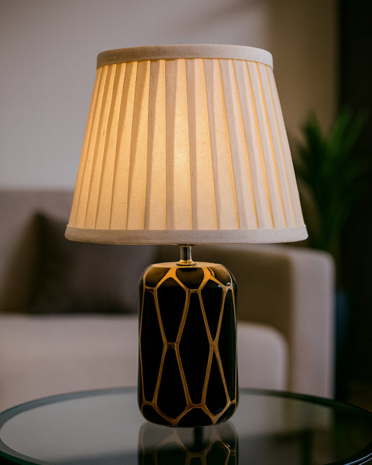 Modern Ceramic Base Bedside Table Lamp, Table Lamps for Home Decoration and Bedroom Decor with On/Off Button, Night Lamp with Cotton Fabric Shade, Black Gold Hive, Khadi