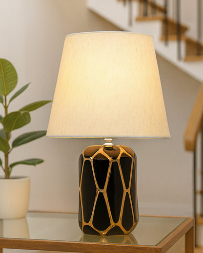 Modern Ceramic Base Bedside Table Lamp, Table Lamps for Home Decoration and Bedroom Decor with On/Off Button, Night Lamp with Cotton Fabric Shade, Black Gold Hive, Khadi