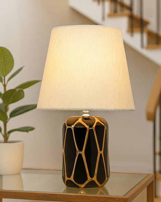 Modern Ceramic Base Bedside Table Lamp, Table Lamps for Home Decoration and Bedroom Decor with On/Off Button, Night Lamp with Cotton Fabric Shade, Black Gold Hive, Khadi