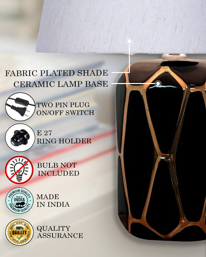 Retro Ceramic Base Bedside Table Lamp, Table Lamps for Home Decoration and Bedroom Decor with On/Off Button, Night Lamp with Cotton Fabric Shade, White Gold Hive, Khadi