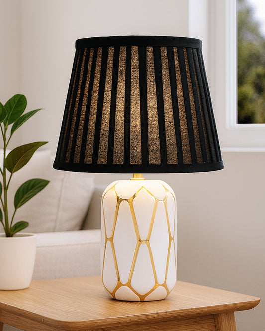 Retro Ceramic Base Bedside Table Lamp, Table Lamps for Home Decoration and Bedroom Decor with On/Off Button, Night Lamp with Cotton Fabric Shade, White Gold Hive, Khadi