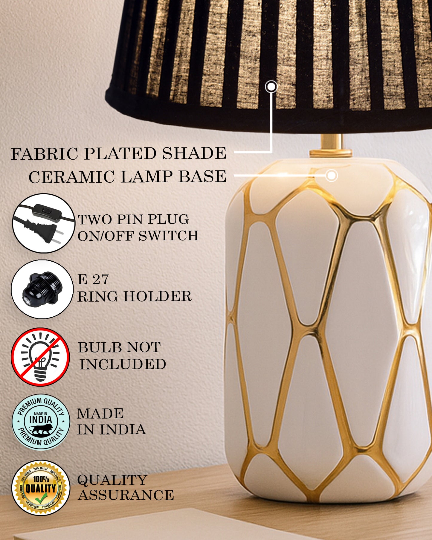 Retro Ceramic Base Bedside Table Lamp, Table Lamps for Home Decoration and Bedroom Decor with On/Off Button, Night Lamp with Cotton Fabric Shade, White Gold Hive, Khadi