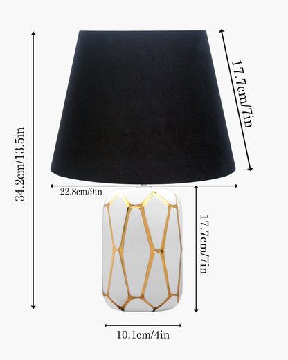 Retro Ceramic Base Bedside Table Lamp, Table Lamps for Home Decoration and Bedroom Decor with On/Off Button, Night Lamp with Cotton Fabric Shade, White Gold Hive, Khadi
