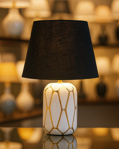 Retro Ceramic Base Bedside Table Lamp, Table Lamps for Home Decoration and Bedroom Decor with On/Off Button, Night Lamp with Cotton Fabric Shade, White Gold Hive, Khadi