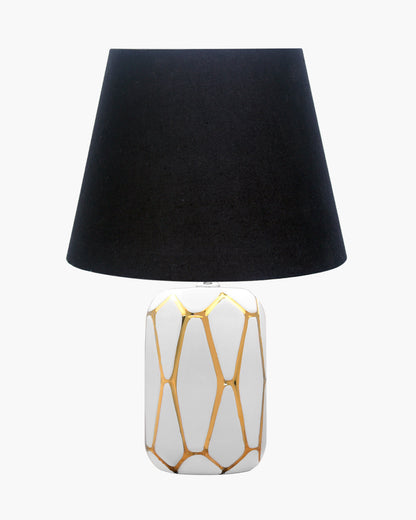 Retro Ceramic Base Bedside Table Lamp, Table Lamps for Home Decoration and Bedroom Decor with On/Off Button, Night Lamp with Cotton Fabric Shade, White Gold Hive, Khadi
