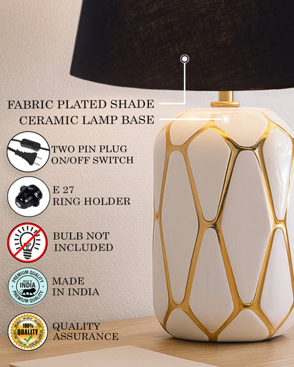 Retro Ceramic Base Bedside Table Lamp, Table Lamps for Home Decoration and Bedroom Decor with On/Off Button, Night Lamp with Cotton Fabric Shade, White Gold Hive, Khadi