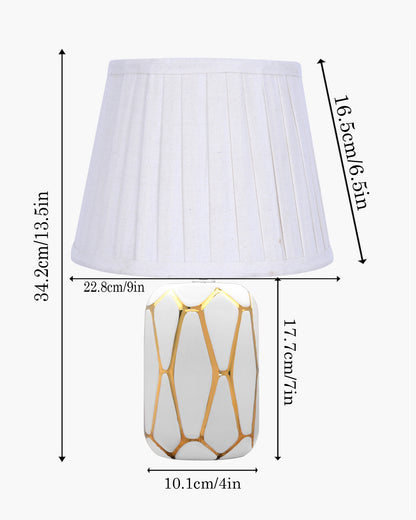 Retro Ceramic Base Bedside Table Lamp, Table Lamps for Home Decoration and Bedroom Decor with On/Off Button, Night Lamp with Cotton Fabric Shade, White Gold Hive, Khadi Frill