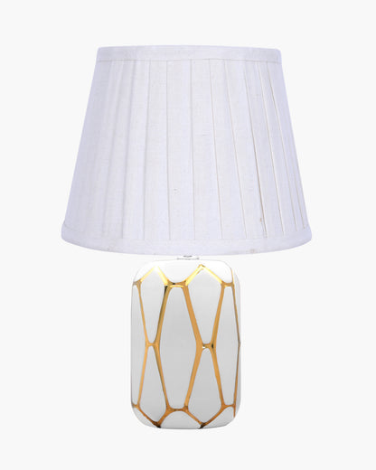 Retro Ceramic Base Bedside Table Lamp, Table Lamps for Home Decoration and Bedroom Decor with On/Off Button, Night Lamp with Cotton Fabric Shade, White Gold Hive, Khadi