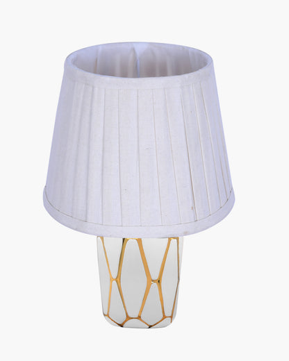 Retro Ceramic Base Bedside Table Lamp, Table Lamps for Home Decoration and Bedroom Decor with On/Off Button, Night Lamp with Cotton Fabric Shade, White Gold Hive, Khadi