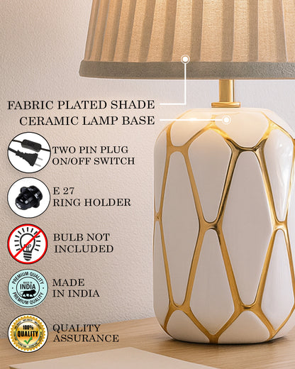 Retro Ceramic Base Bedside Table Lamp, Table Lamps for Home Decoration and Bedroom Decor with On/Off Button, Night Lamp with Cotton Fabric Shade, White Gold Hive, Khadi Frill