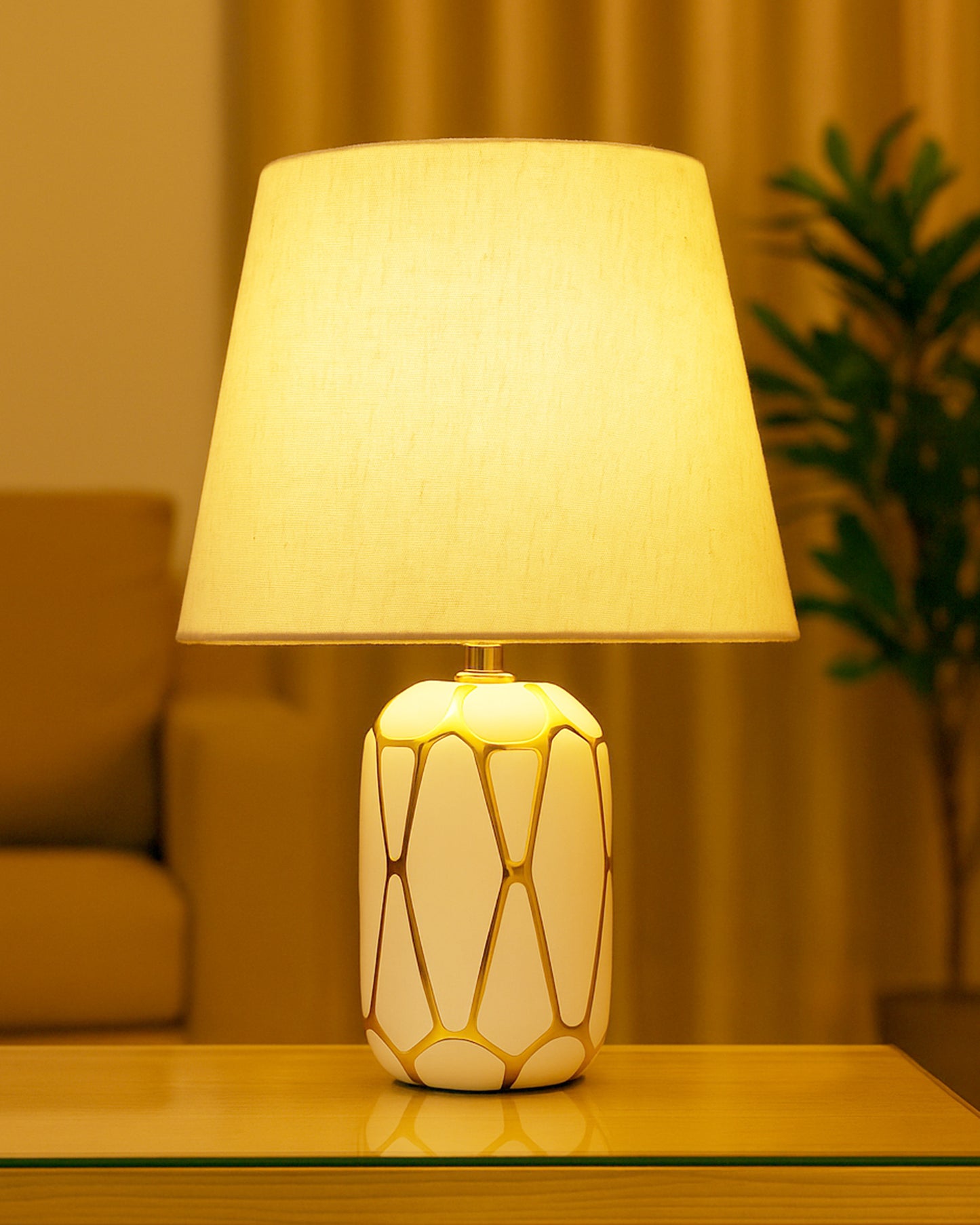 Retro Ceramic Base Bedside Table Lamp, Table Lamps for Home Decoration and Bedroom Decor with On/Off Button, Night Lamp with Cotton Fabric Shade, White Gold Hive, Khadi