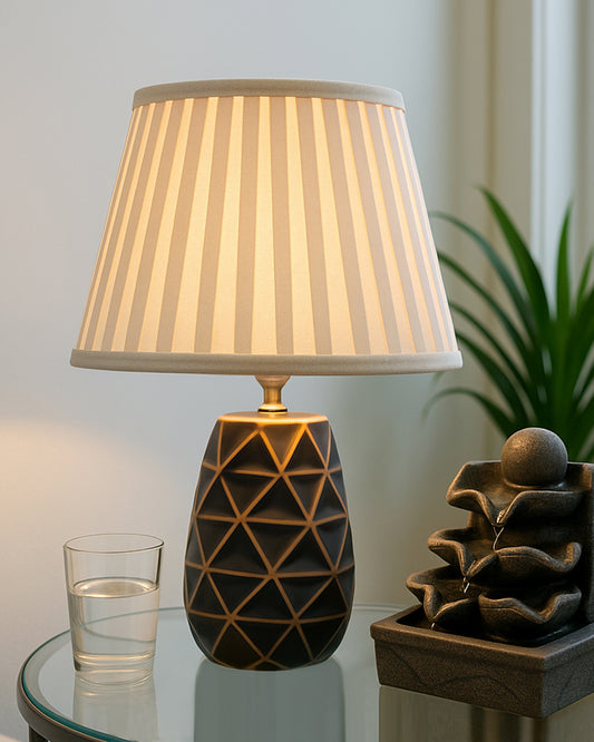 Modern Ceramic Base Bedside Table Lamp, Table Lamps for Home Decoration and Bedroom Decor with On/Off Button, Night Lamp with Cotton Fabric Shade, Graphite Prism, Khadi