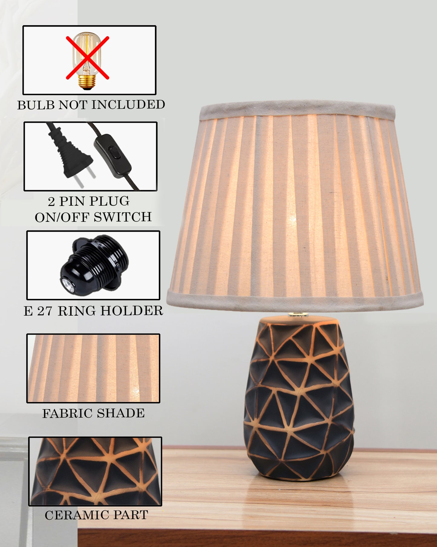 Modern Ceramic Base Bedside Table Lamp, Table Lamps for Home Decoration and Bedroom Decor with On/Off Button, Night Lamp with Cotton Fabric Shade, Graphite Prism, Khadi