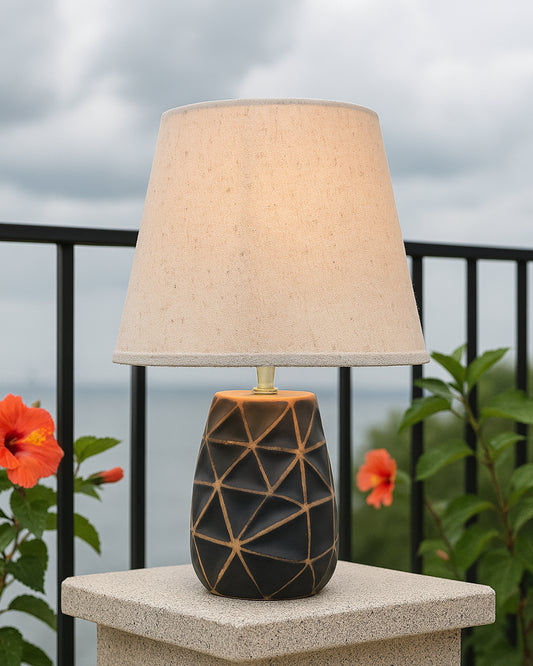Modern Ceramic Base Bedside Table Lamp, Table Lamps for Home Decoration and Bedroom Decor with On/Off Button, Night Lamp with Cotton Fabric Shade, Graphite Prism, Khadi