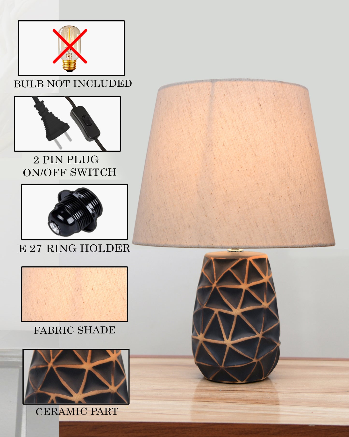 Modern Ceramic Base Bedside Table Lamp, Table Lamps for Home Decoration and Bedroom Decor with On/Off Button, Night Lamp with Cotton Fabric Shade, Graphite Prism, Khadi