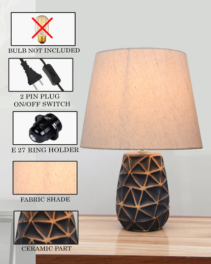Modern Ceramic Base Bedside Table Lamp, Table Lamps for Home Decoration and Bedroom Decor with On/Off Button, Night Lamp with Cotton Fabric Shade, Graphite Prism, Khadi