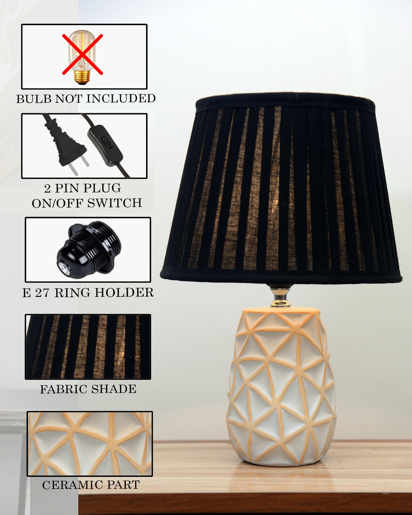 Retro Ceramic Base Bedside Table Lamp, Table Lamps for Home Decoration and Bedroom Decor with On/Off Button, Night Lamp with Cotton Fabric Shade, Whitewash Prism, Khadi