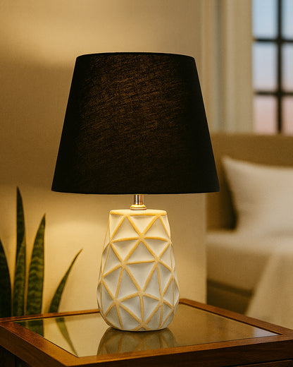 Retro Ceramic Base Bedside Table Lamp, Table Lamps for Home Decoration and Bedroom Decor with On/Off Button, Night Lamp with Cotton Fabric Shade, Whitewash Prism, Khadi