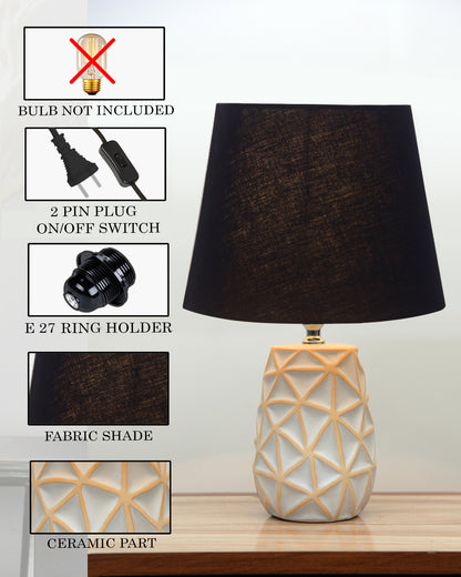 Retro Ceramic Base Bedside Table Lamp, Table Lamps for Home Decoration and Bedroom Decor with On/Off Button, Night Lamp with Cotton Fabric Shade, Whitewash Prism, Khadi
