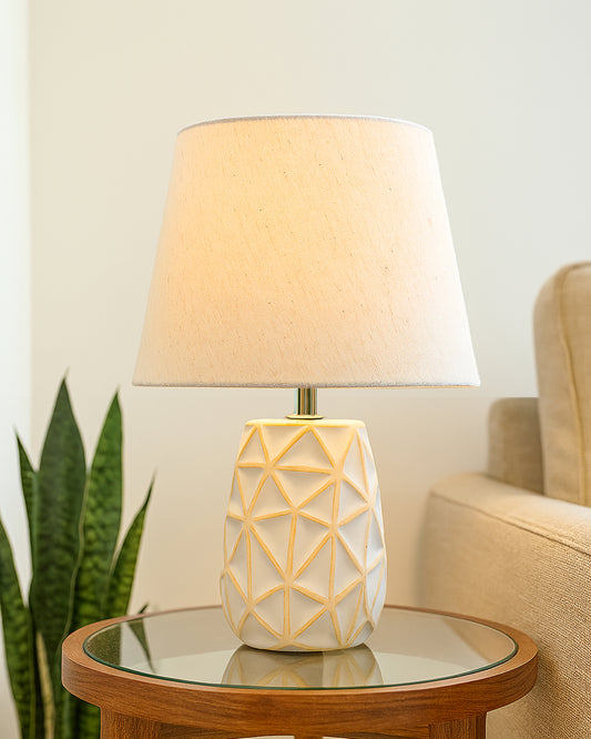 Retro Ceramic Base Bedside Table Lamp, Table Lamps for Home Decoration and Bedroom Decor with On/Off Button, Night Lamp with Cotton Fabric Shade, Whitewash Prism, Khadi